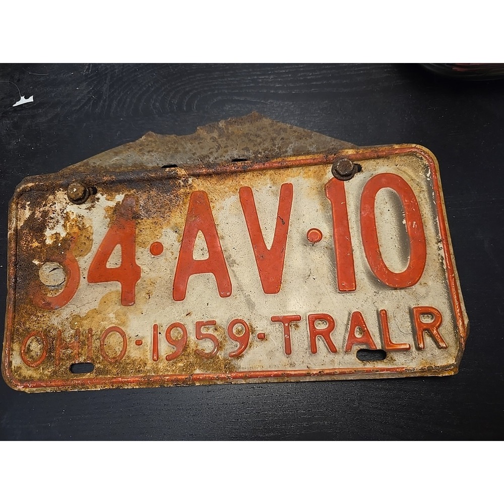 Vtg 1959 OHIO TRAILER TRALR LICENSE PLATE 34 AV 10 Man Cave Garage Decor